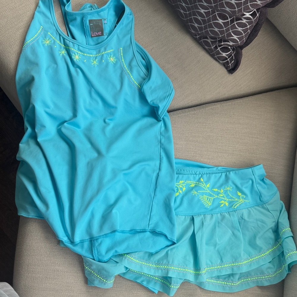 Lucky in Love tennis Turquoise Tank and skort with Yellow Accents